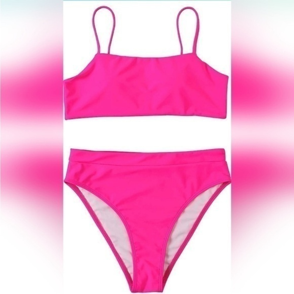 NWOT hot pink Women High Wasited Bikini Shoulder Strap 2 Piece High Cut Strings